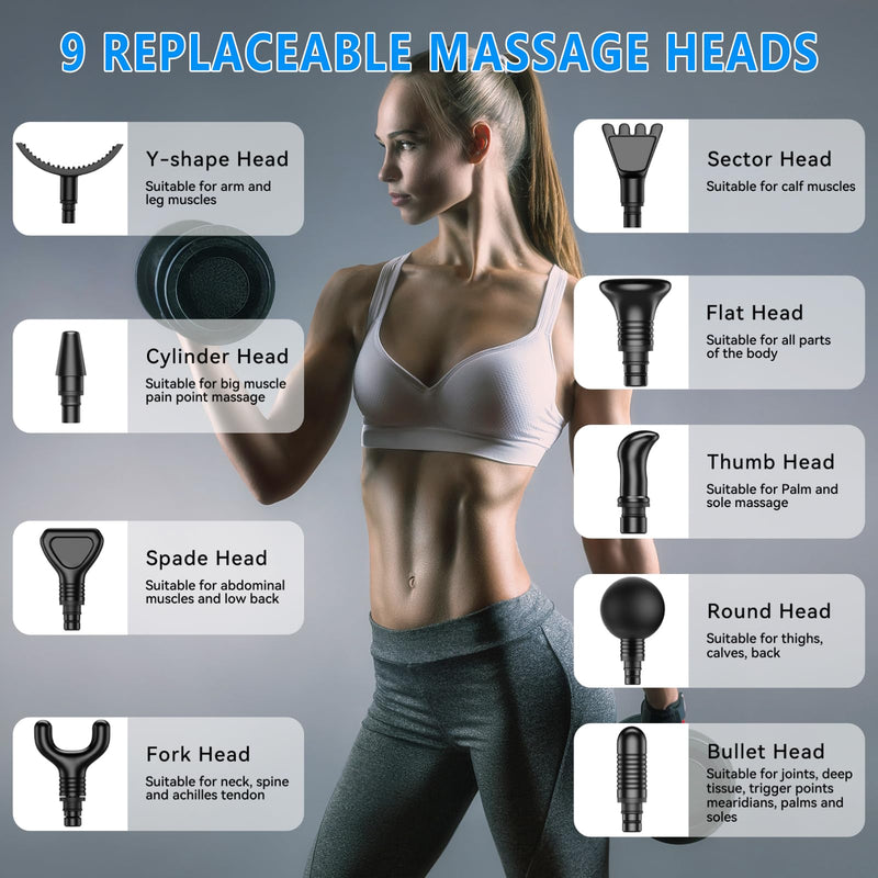[Australia] - Massage Gun, Muscle Massage Gun for Athletes Handheld Electric Deep Tissue Back Massager, Percussion Massage Device for Pain Relief with 30 Speed Levels 9 Heads Grey 