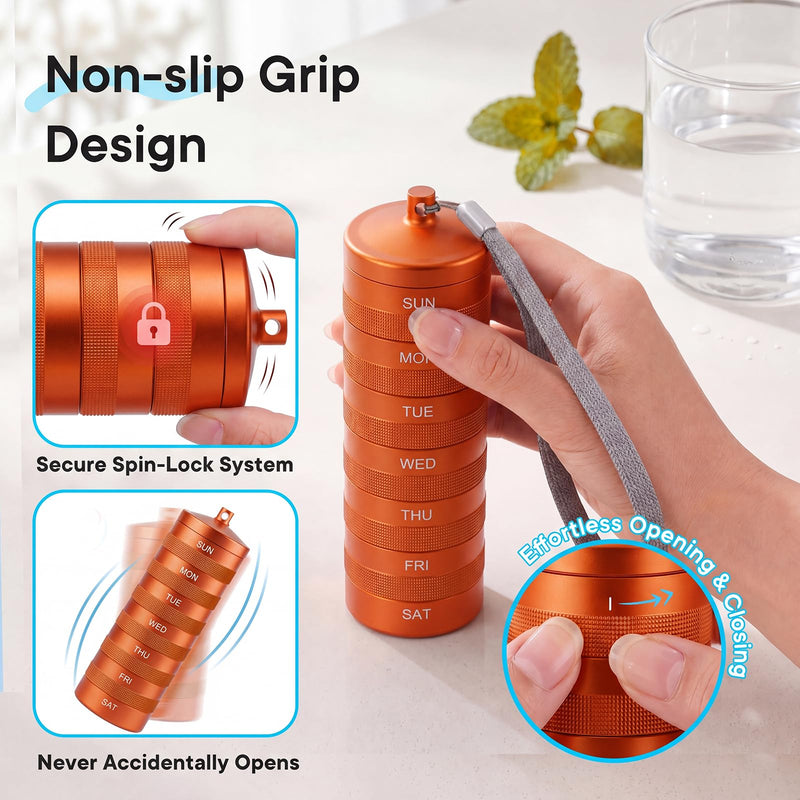 Weekly Metal Pill Organizer 2 Times a Day, Waterproof Travel Pill Case | Aluminum Alloy AM PM Pill Organizer, BPA Free 7 Day Daily Medicine Organizer Holder for Vitamin, Fish Oil, Supplement Orange
