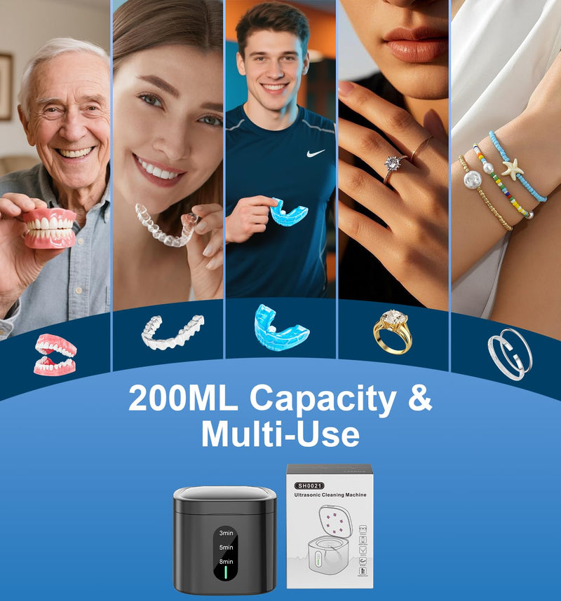 [Australia] - 2025 Ultrasonic Retainer Cleaner Machine, 45kHz Retainer Cleaner with Digital Timer & 3 Modes, 200ML Large Capacity Ultrasonic Cleaner for Dentures, Night Guards, Braces, Aligner, Jewelry and More Black 