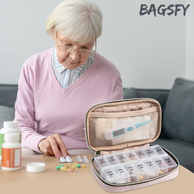 BAGSFY Pill Organizer Case 2 Times a Day- Weekly Medicine Organizer Travel Pill Box with Removable 7 Day Medicine Case Container for Fish Oil, Vitamin, Supplement Small Pink