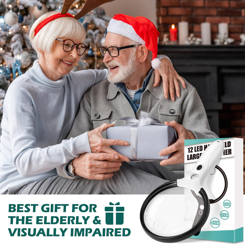 [Australia] - Large Magnifying Glass with Light, 10X 25X 45X Handheld Illuminated Magnifier with 3 Light Modes, 12 LED Lights, Storage Bag, Clean Cloth for Seniors Reading Coins Inspection (Black, Round) Black 