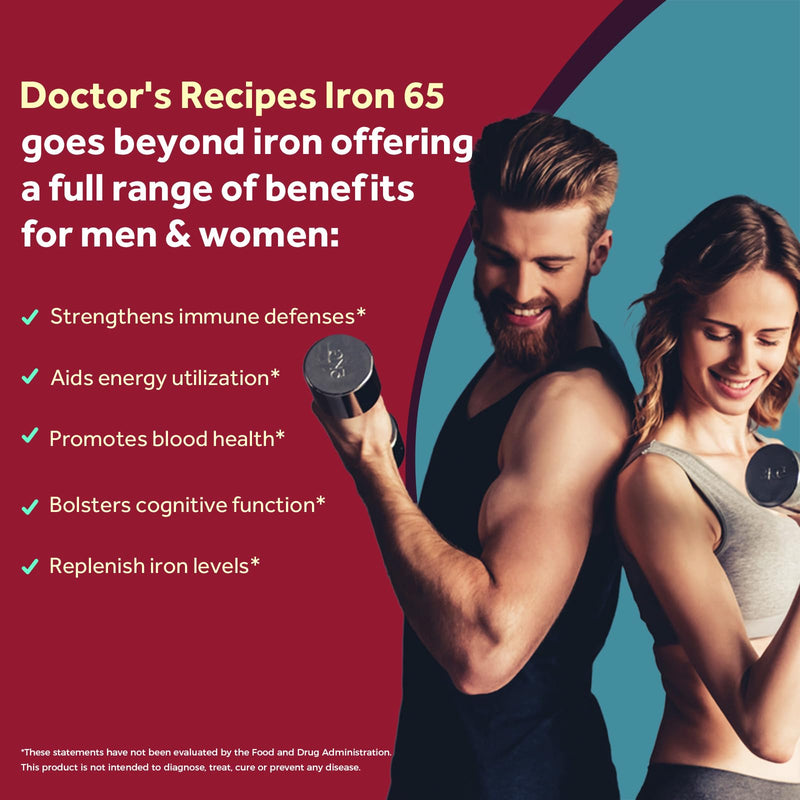 Doctor's Recipes Iron Supplement 65 mg with Vitamin C - Maximized Absorption & Stomach Friendly Iron Pills for Red Blood Cells Formation, Heart, Brain & Immunity Health - Vegan Non-GMO 30 Iron Tablets 30 Count (Pack of 1)