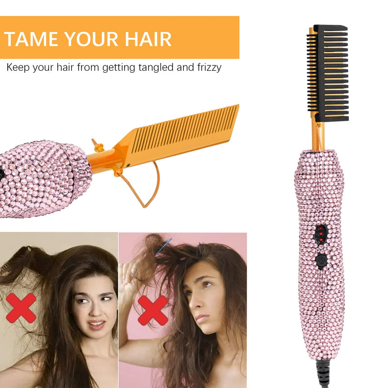 Diamond Electric Adjustable Temperature Hair Straightener Brush Set for Wigs and Natural Black Hair (Gold) Gold