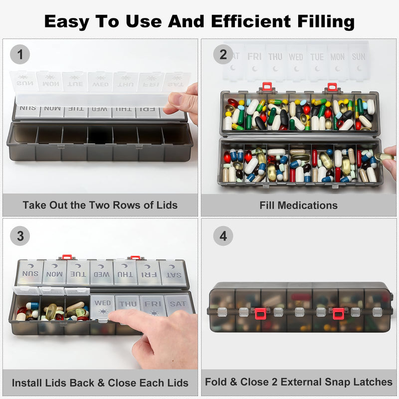 Foldable Pill Organizer 2 Times a Day w/Etched Labels -Dual Protection & Portable Weekly AM PM Pill Box, 7 Day Medicine Container, Large Travel Pill Case for Daily Supplement Vitamin -Clear Black Clear Black
