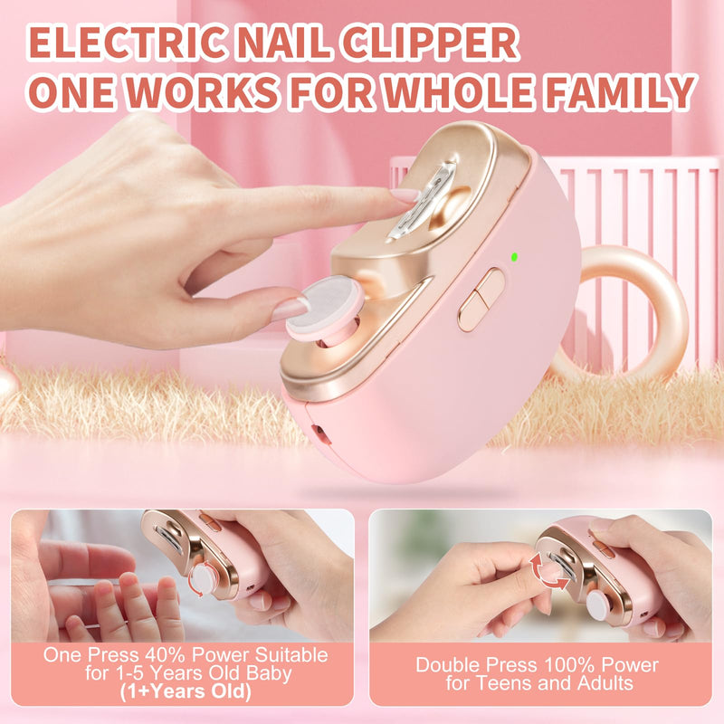 [Australia] - Electric Nail Clipper & Baby Nail Trimmer Polisher 3 in 1 (Not for Toenail) with Nail Scraps Storage, LED Light, 2 Speeds, Rechargeable Fingernail Clipper for Baby, Adults, Seniors, Pink Whitpink 