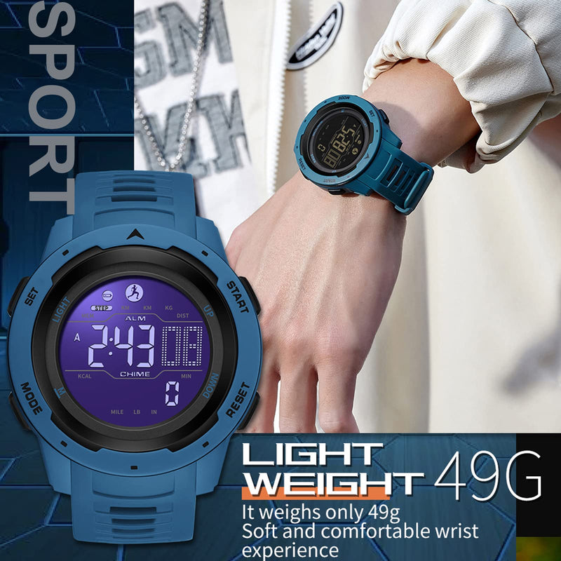 [Australia] - Men's Digital Watch Waterproof Pedometer Watches Sport Watch Step Counter Calorie Military Watch with Stopwatch Alarm LED Backlight Countdown blue 