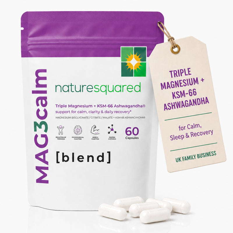 MAG3calm Triple Magnesium+KSM-66® Ashwagandha - 274mg Unbuffered - Magnesium Bisglycinate, Citrate & Malate - Sleep, Fatigue, Mood & Muscle Recovery - 60 Capsules - 2 Month Supply - Non GMO - UK Made