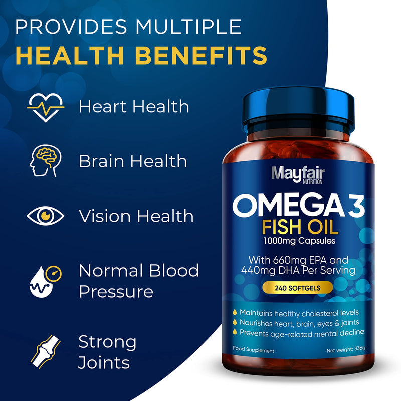 Omega 3 1000mg Capsules - 240 Fish Oil Tablets with 660mg EPA & 440mg DHA per Daily Serving - Supports Heart, Vision, & Brain Health - 4 Months Supply - Made in UK…