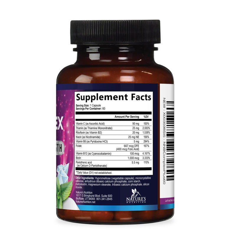 B Complex Vitamins Capsules - Super Complete B-100 Complex with Vitamin B12 B6 C Biotin Folate & Folic Acid for Immune & Energy Support - Supplement for Heart, Brain, & Nerve Support - 60 Capsules 60 Count (Pack of 1)