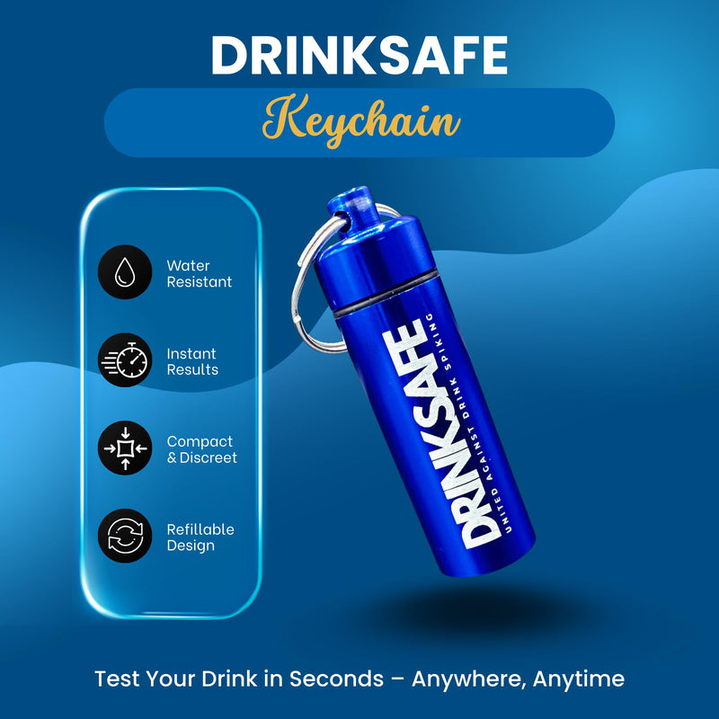 Drink Safe Keychain – 3 Drink Spiking Test Strips in Waterproof Case – Portable Beverage Test Kit for Instant Results Blue