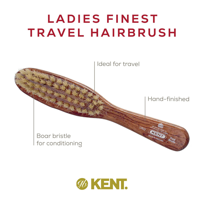 Kent LR23 Finest Ladies Narrow Style, Danta Wood, Pure White Bristle Hair Brush - Short to Medium Length Hair, Handbag Sized