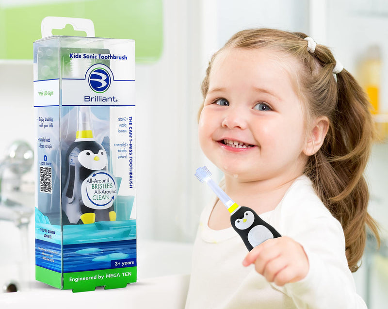 Brilliant Kids Sonic Toothbrush Characters – Kids Electric Toothbrush with Flashing Lights and Fine Bristles - Fun Brushing for Parent and Child, Ages 3-8 (Penguin) Penguin