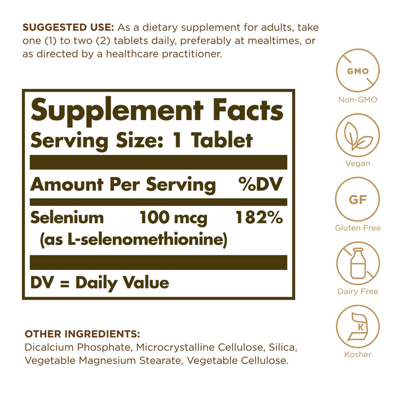 [Australia] - Solgar Yeast-Free Selenium 100 mcg - 100 Tablets - Supports Antioxidant & Immune System Health - Non-GMO, Gluten Free, Dairy Free, Kosher - 100 Servings 
