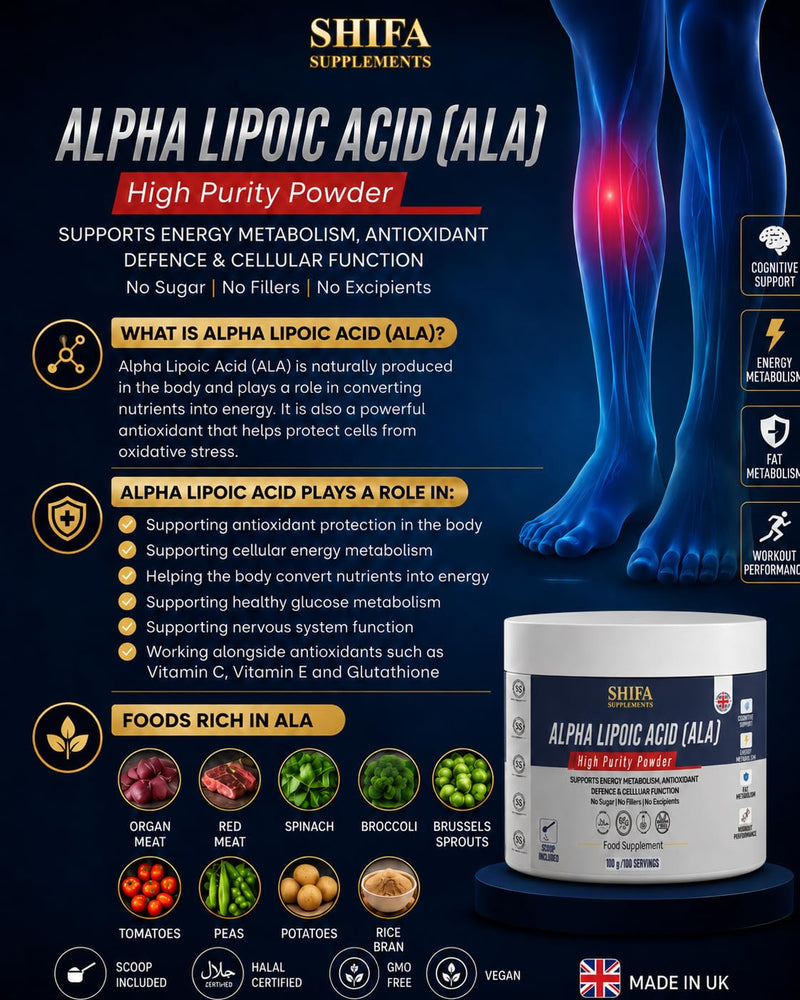Alpha Lipoic Acid Powder 100g | 1000mg Per Serving | High Purity ALA | Antioxidant & Energy Support | Vegan | Halal Certified | Non GMO | GMP Manufactured