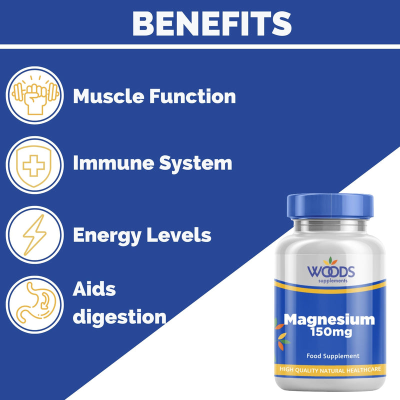 Magnesium 150mg (90 Tablets) from Woods Supplements | Magnesium contributes to Normal Muscle Function and Healthy Bones | Suitable for Vegetarians & Vegans 90