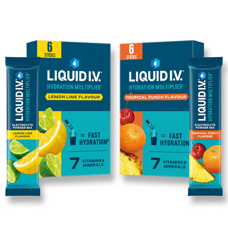 Liquid I.V. Hydration Multiplier Electrolyte Powder Pack, Lemon Lime & Tropical Punch, Electrolytes with 7 Vitamins & Minerals for Fast Hydration & Energy, Vegan and Gluten Free, 12 Sachet Sticks