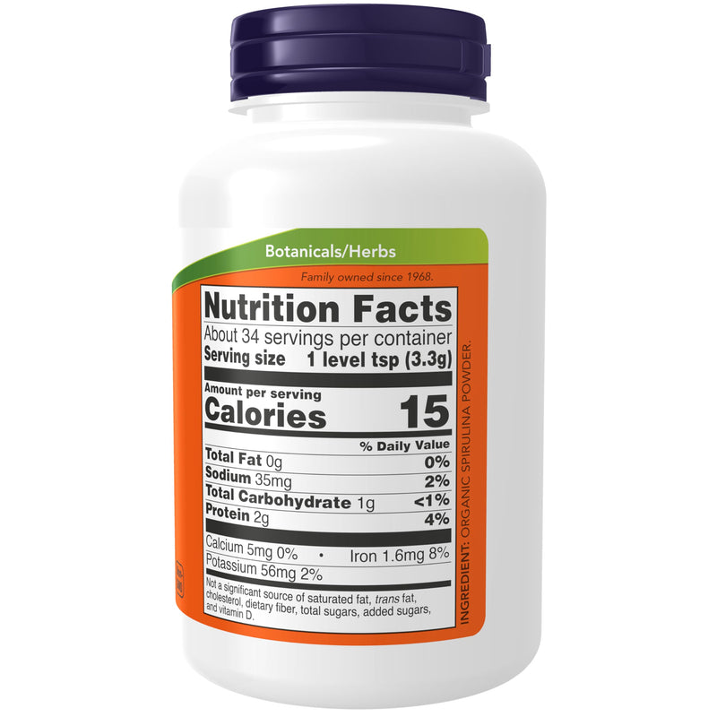 NOW Foods Supplements, Certified Organic, Spirulina Powder, Rich in Beta-Carotene (Vitamin A) and B-12 with naturally occurring GLA & Chlorophyll, 4-Ounce 4 Ounce (Pack of 1)