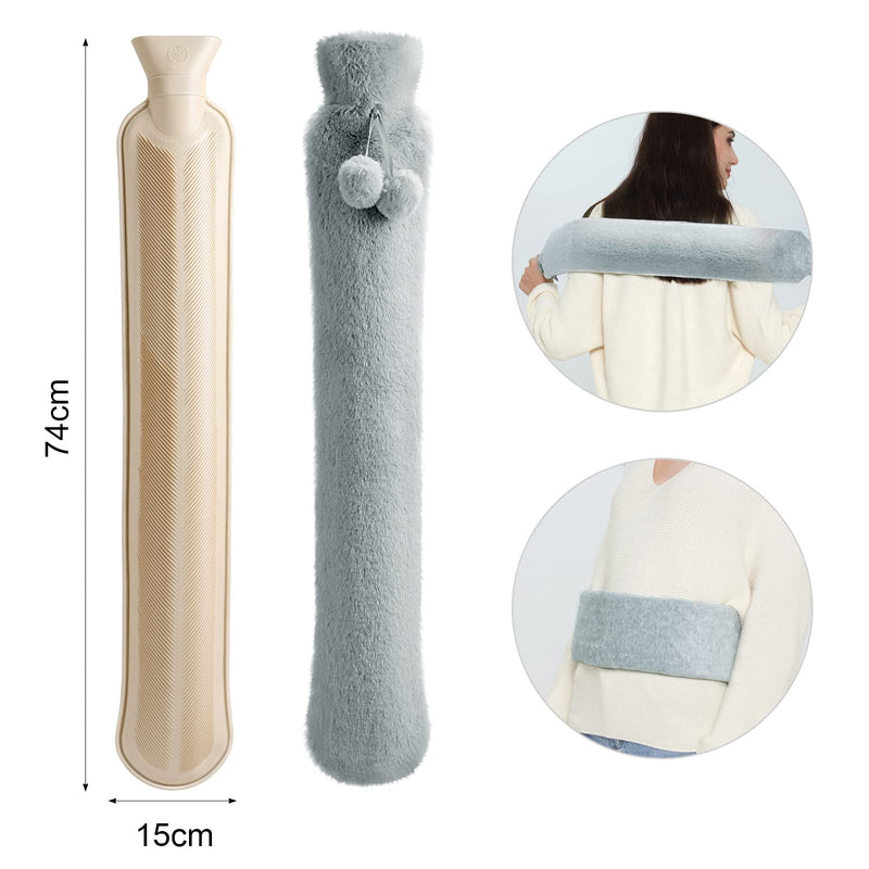 [Australia] - Homealexa Long hot water bottle with soft cover 2 liters, hot water bottle bed bottle, hose hot water bottle for back, neck, shoulder and abdomen, large hot water bottle 73 x 13cm, neck hot water bottle A-gray 