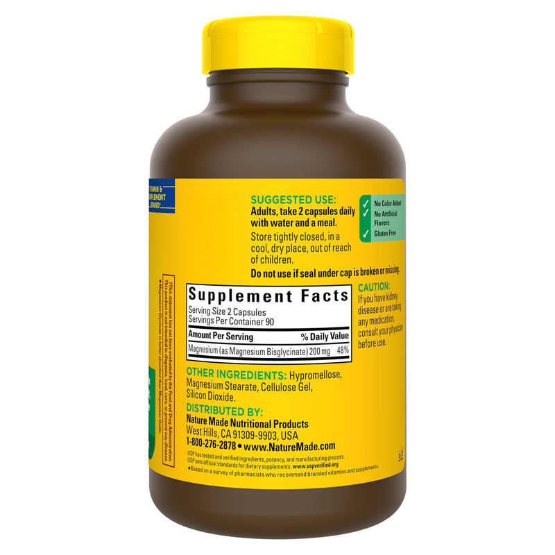 Nature Made Magnesium Glycinate 200 mg per Serving, 180 Capsules | High Absorption Magnesium Supplement for Muscle, Heart and Bone Support, Magnesium Bisglycinate Capsules, 90 Day Supply 180 Count (Pack of 1)