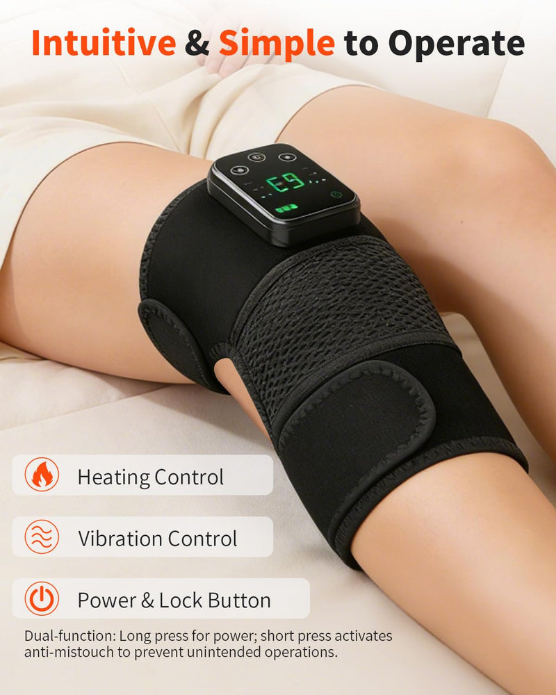Cordless Knee Massager with Heat and Vibration for Pain Relief - Electric Heated Knee Brace Wrap with 3 Heat Levels & 3 Massage Modes, Portable Arthritis Joint Therapy for Men & Women (Black, Single) 1PC