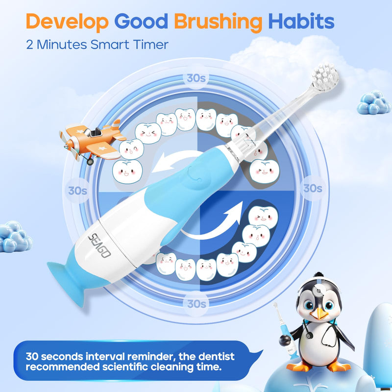 [Australia] - SEAGO Toddler Electric Toothbrushes for Baby Ages 0-3 Years, Baby Toothbrush with Smart Timer and Suction Base, 4 Replacement Brushheads (Blue-C) Blue-c 