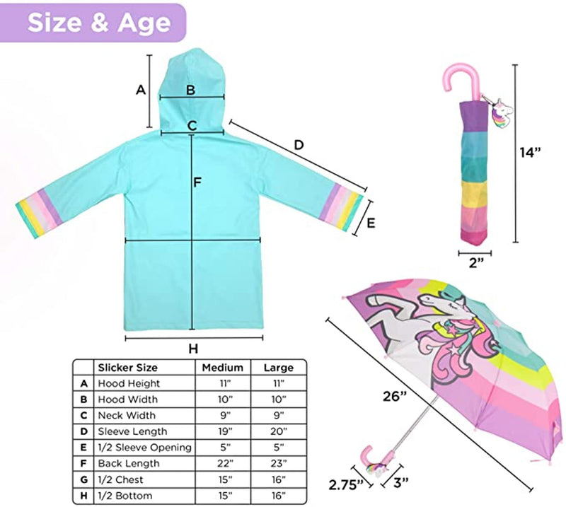 addie & tate Kids Umbrella for Girls and Boys & Rain Coats Set -Toddler Umbrellas Kids Raincoat Boys Girls Jacket 5-7 Years Unicorn