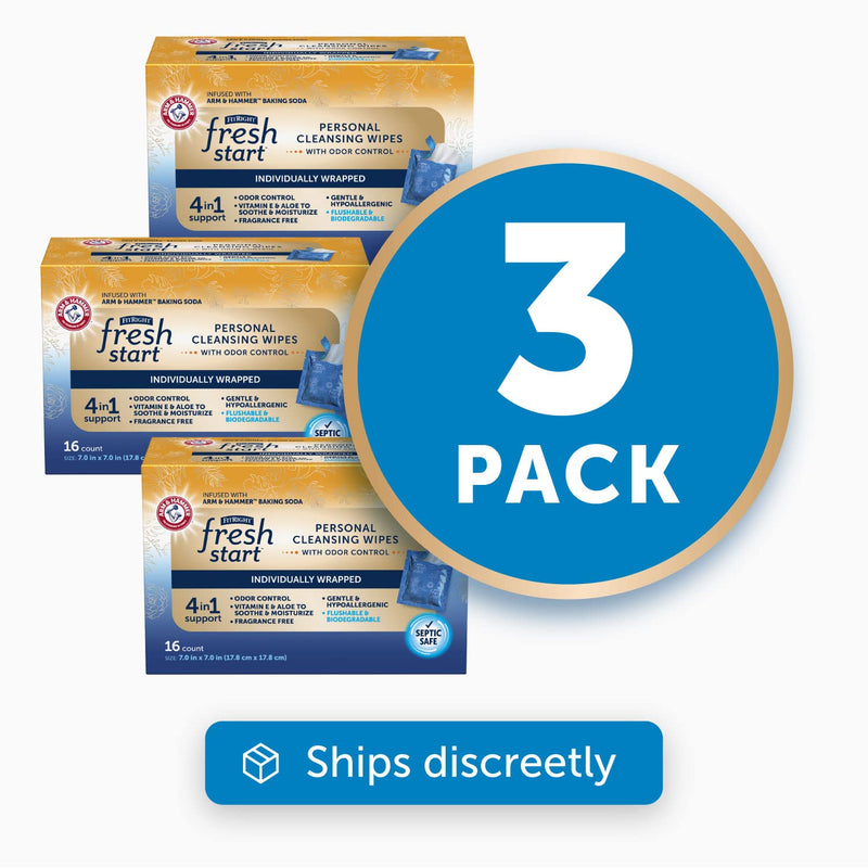[Australia] - FitRight Fresh Start On-The-Go Flushable Wipes (48 Count), Personal Cleansing Wipes, Individually Wrapped Sachets for Urinary Incontinence with The Odor-Control Power of ARM & Hammer Baking Soda 