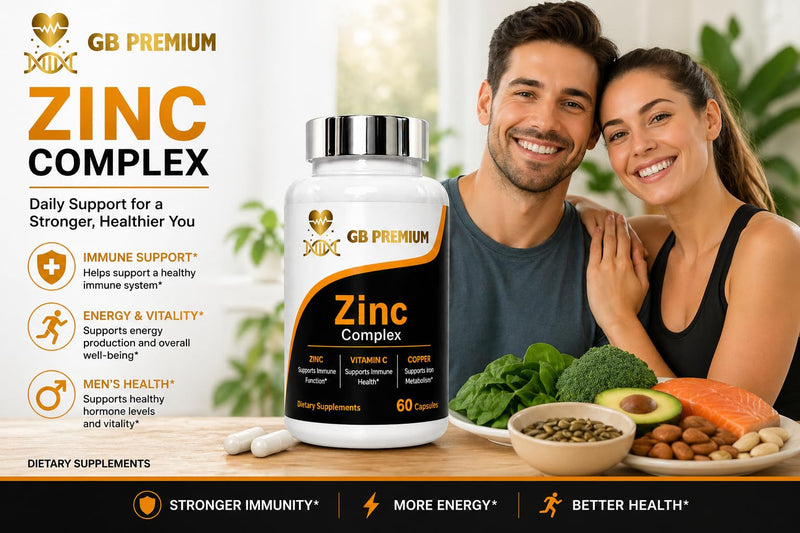 Zinc Complex Supplement with Vitamin C and Copper, High Strength Zinc Capsules, 60 Capsules