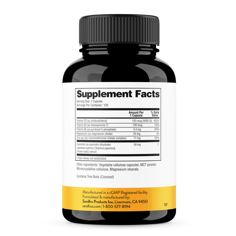 Sandhu's Vitamin D3 K2 Magnesium 5000 IU, 120mcg K2 Capsules 120 Count (Pack of 1) | with VIT B6, Zinc & Quercetin | D3K2 Supports Superior Absorption, Energy, Immune, Muscle Health for Men & Women 120 Count (Pack of 1) 5000 IU Capsules