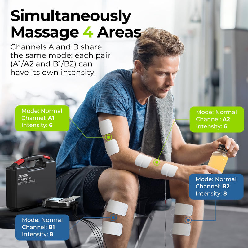AUVON 4-Channel Digital TENS Unit Muscle Stimulator, Customizable 8 Modes | Rechargeable TENS Machine with 16 Premium TENS Pads, Drug-free for Neck, Shoulder, Back, Sciatica Pain Relief, A Carry Case