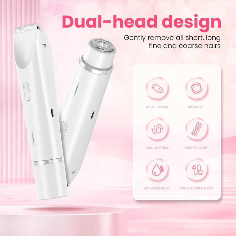 [Australia] - Bikini Trimmer for Women-2 in 1 Dual Head Electric Razors,USB Rechargeable Bikini Electric Shaver,IPX7 Waterproof Dry & Wet Use Body Hair Trimmer and Facial Hair Remover for Underarm Leg Body,White White 