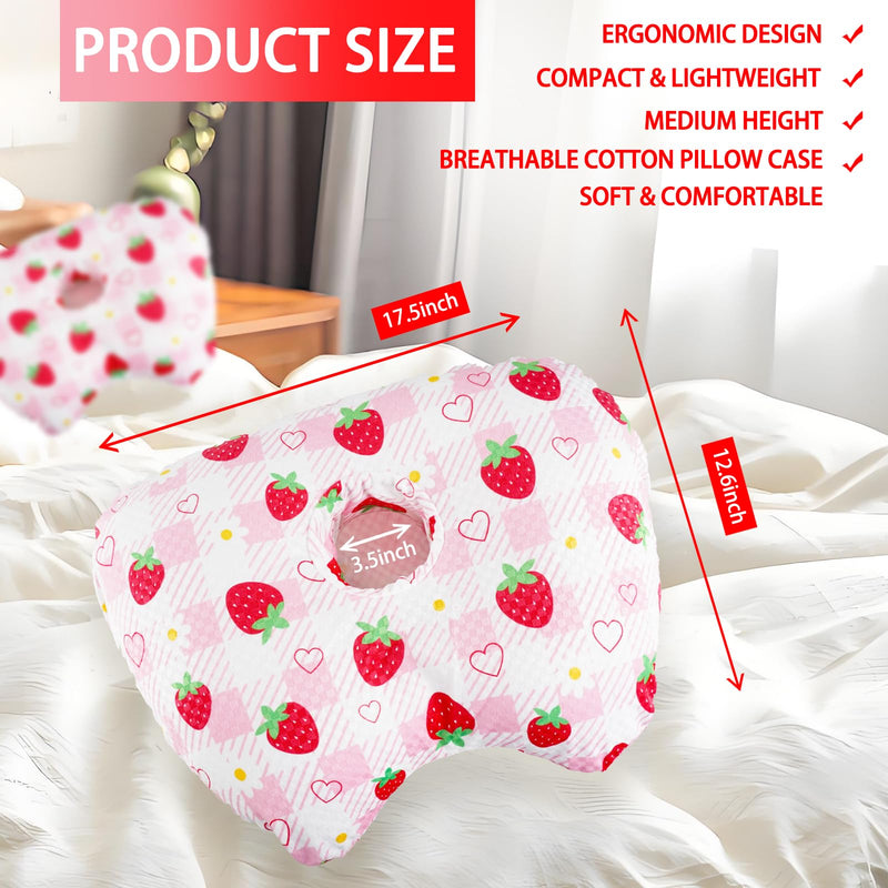 [Australia] - Ear Piercing Pillow for Side Sleepers – Pillow with Hole for Ear Pain Relief, Detachable/Cotton Curved Ear Pillow, for Ear Inflammation Pressure Sores - Strawberry 