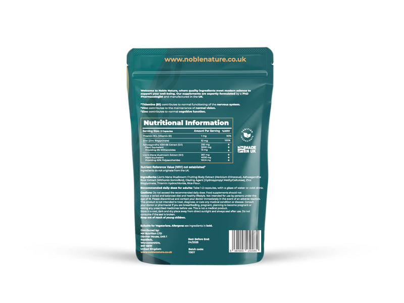 Ashwagandha KSM-66 & Lion’s Mane 7000mg – High Strength 4-in-1 with Zinc & Vitamin B1 – 3000mg Ashwagandha + 4000mg Lion’s Mane – 90 Capsules – UK Made by Noble Nature PhD Formulated