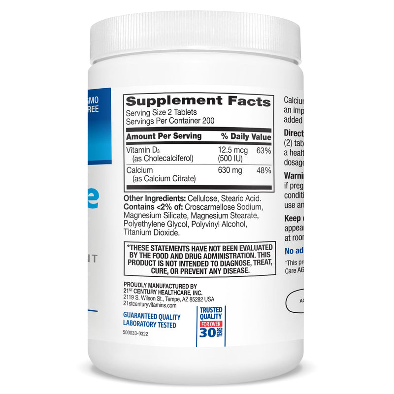 21st Century Calcium Citrate Plus D3 Maximum - 630 mg Calcium, Bone Health Support, Easily Absorbable, Gluten Free, Non-GMO, Compare to Citracal +D3, 400 Tablets 400 Count (Pack of 1)