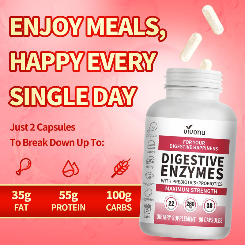 VivoNu Digestive Enzymes | 22 Enzymes with Organic Prebiotics & Probiotics | Supports Digestion* of Protein, Carbs, Fiber & Dairy | 90 Capsules(90count/1pack) 90 Count (Pack of 1)