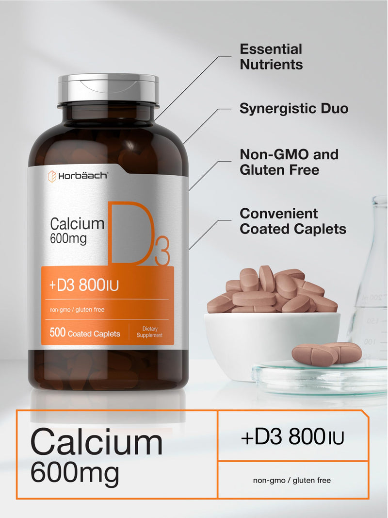 Horbaach Calcium 600 mg with Vitamin D3 | 500 Coated Caplets | For Women and Men | Non-GMO & Gluten Free Supplement