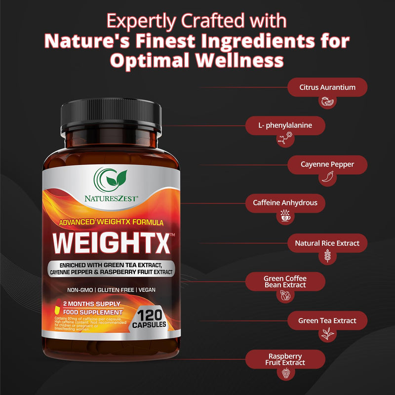 Natures Zest Advance WeightX Formula - 120 Capsules - Weight Management Supplement for Women & Men Enriched with Green Tea Extract, Cayenne Pepper & Raspberry Fruit Extract