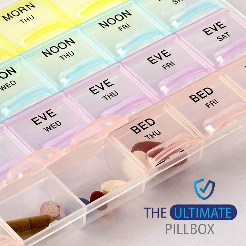 Deke Home - Pill Organizer 4 Times a Day, Weekly Medicine Box with Morning, Noon, Evening, Bed Compartments, Large, Translucent, Easy-to-Open Pill Case, 7-Day Travel Medication Organizer for Vitamins. 1 Count (Pack of 1)