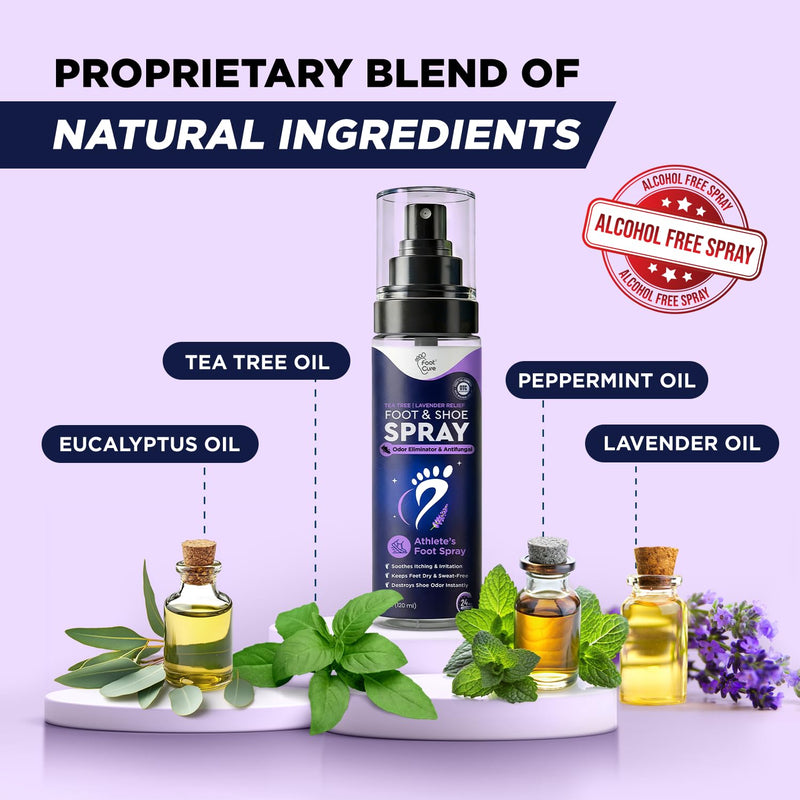 Foot Cure Shoe Deodorizer Spray - Tea Tree | Lavender Shoe Deodorizer for Smelly Feet, Athletes Foot Spray Odor Eliminator and Sweat Control | Removes, Controls & Prevents Odors - 120ml Made in USA