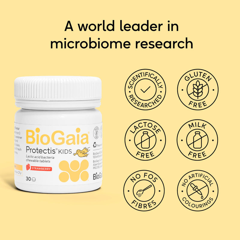 BioGaia Protectis Kids Tablets | 30 Chewable Probiotic Supplements with 100 Million Live L. Reuteri | Gut Health and Comfort | Digestive System Support for Children - Strawberry Flavour 30 count (Pack of 1)