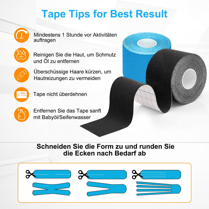 [Australia] - AnjoCare Kinesiology Tape (Uncut), Elastic Therapeutic Sports Tapes for Muscles and Joints, Physio Tape for Shoulder, Ankle, Elbow and Knee Support (2 Rolls 5M x 5CM) Blue + Black Uncut (Blue + Black) 