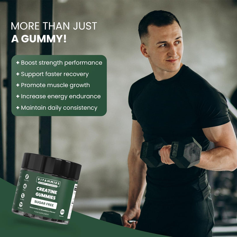 Vitammies Vegan Sugar Free Creatine Monohydrate Gummies for Muscle Gain | More Strength | Faster Recovery | Clinically Studied Creatine 5g Dose | Watermelon Strawberry Flavour | 30 Servings