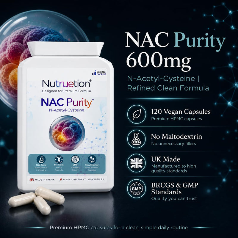 NAC 600mg Capsules | N-Acetyl Cysteine Supplement | 120 Vegan Capsules | Refined Clean Formula | No Maltodextrin | UK Made to GMP & BRCGS Standards
