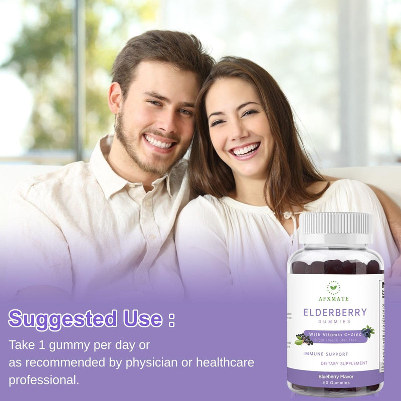 AFXMATE Elderberry Gummies with Zinc and Vitamin C for Adults & Ages 4+ | Immune Support Gummies, Sugar Free, Black Sambucus Elderberry