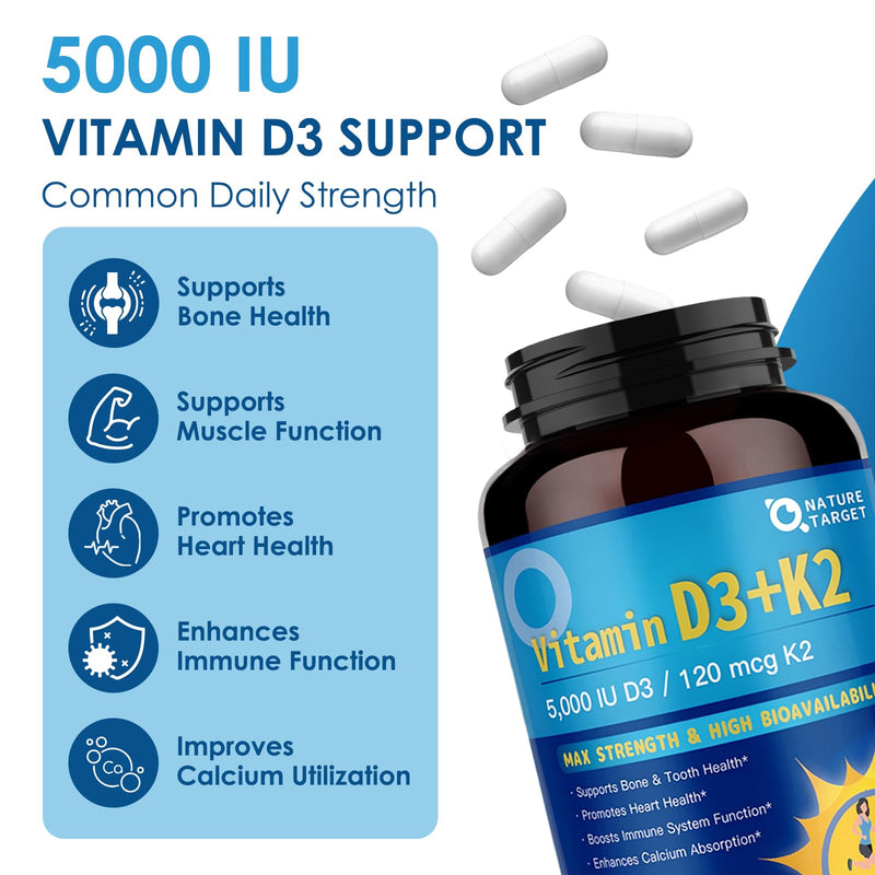 NATURE TARGET Vitamin D3 K2 with Calcium & Magnesium, 120 Servings | 6-in-1 Max Strength Complex, 5000 IU Vitamin D3 and 120 mcg K2, for Bone, Heart, and Immune Support, Gluten Free 120 Count (Pack of 1)
