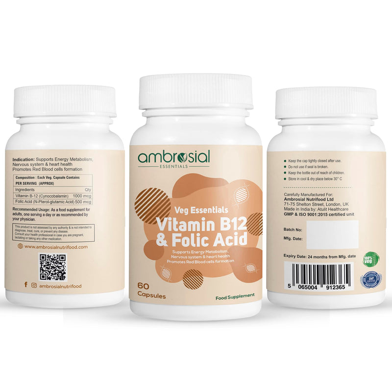 Ambrosial Vitamin B12 1000 mcg and Folic Acid 500 mcg | High Strength B12 (Cyanocobalamin) and Folic Acid Capsules | Vegan, Non-GMO, Easy to Swallow | Pack of 2-120 Capsules
