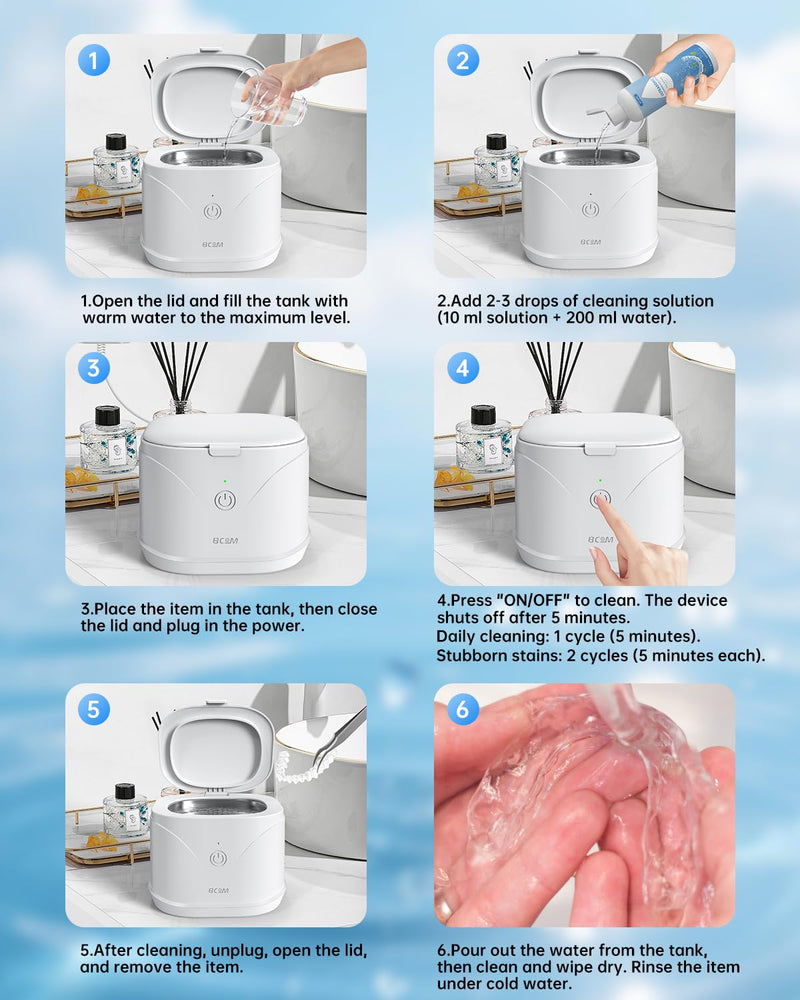 BCOM Ultrasonic Retainer Cleaner, 46Khz Jewelry Cleaner Machine for Rings | 18W Portable Dental Cleaning Pod for Braces, Night Guard, Mouthguard, Toothbrush, Denture, 220ml 304 Tank, Quiet 45 dB, White 228ml