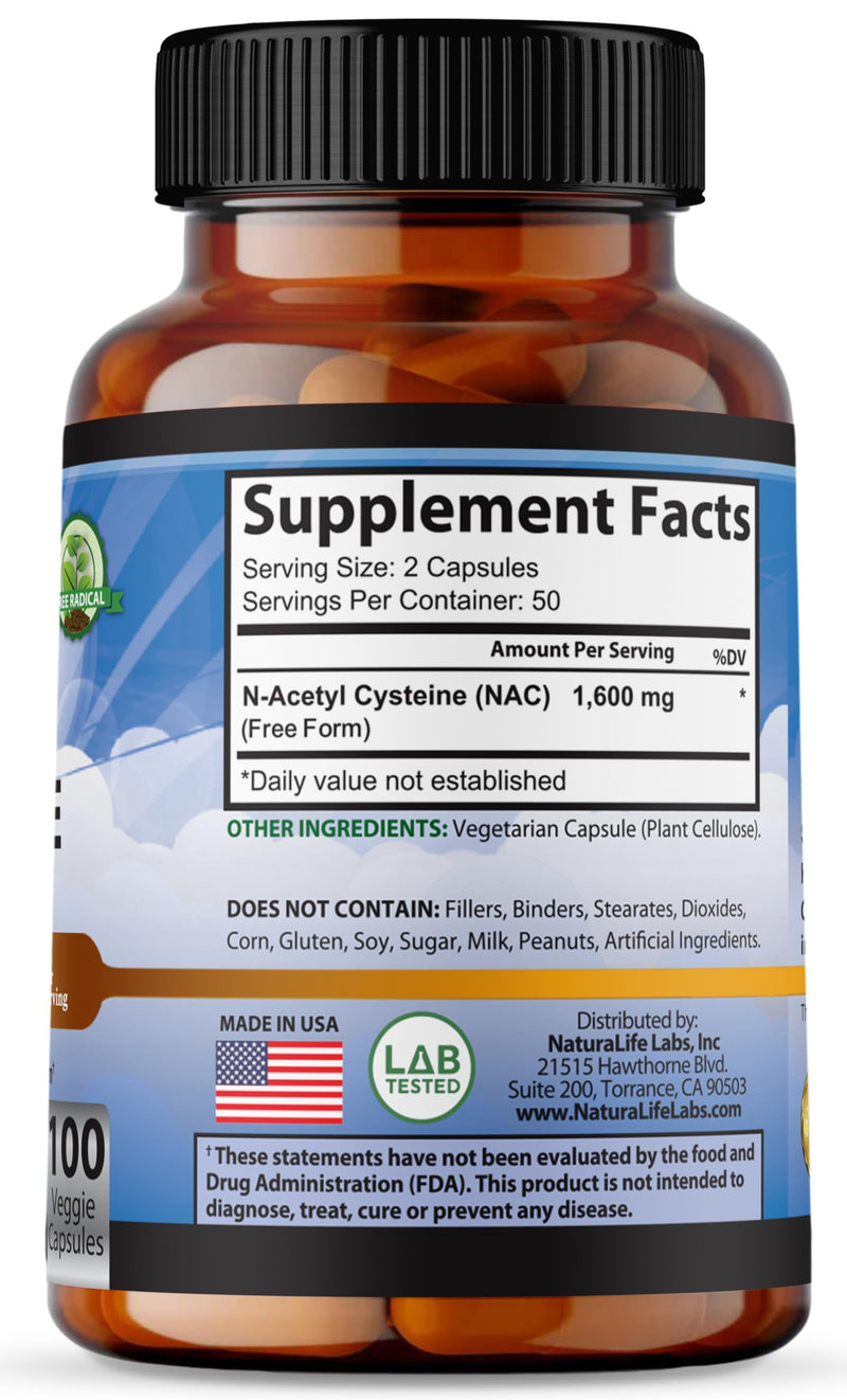 [Australia] - N-Acetyl-L-Cysteine (NAC) 1600 mg Lung Health & Immune Support, Liver Support & Antioxidants*, Free-Radicals, Free Form - 100 Veggie Capsules 