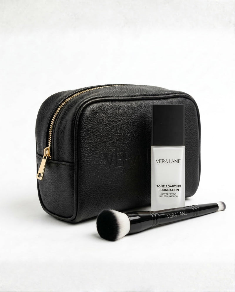 Travel Makeup Bag for Women Black - Made from Vegan Leather (7" x 5" x 2.3")