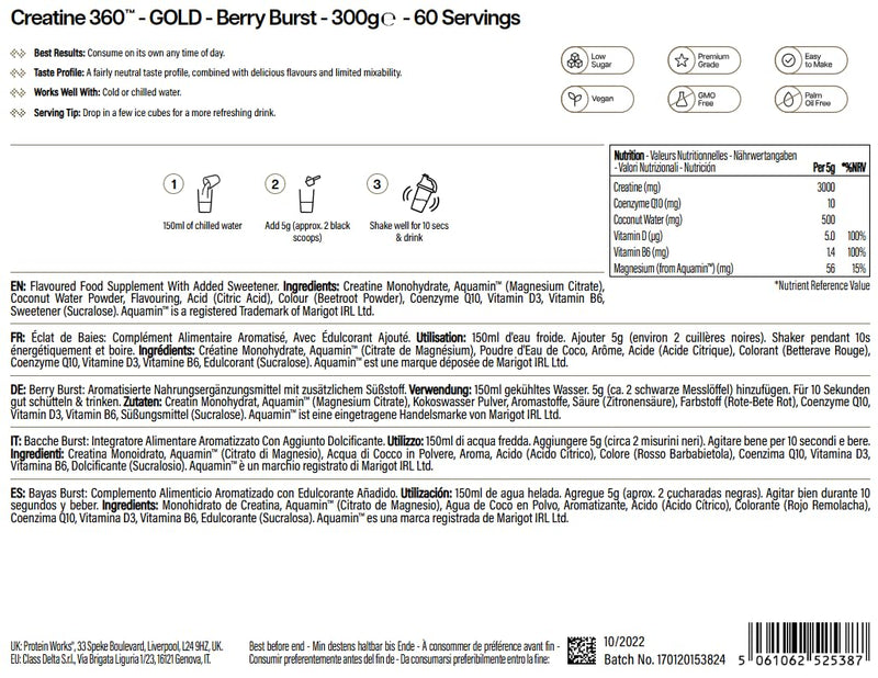 Protein Works | Creatine 360 - Gold Innovation, Creatine Monohydrate, CoQ10, Aquamin, Vitamin D3 & B6, Magnesium, Improves Focus, Mental Clarity, Cellular Support, Berry Burst, 60 Servings, 300g 60 Shakes (300g)